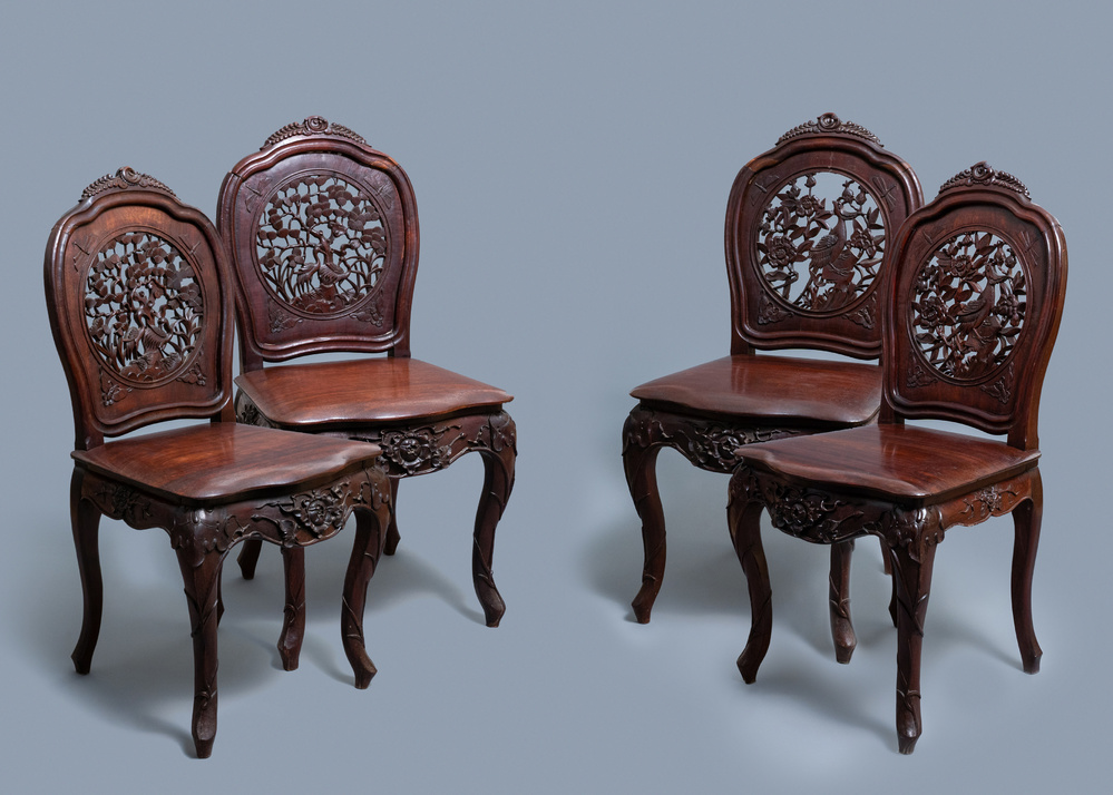 Four wooden chairs with reticulated backs, Macao or Portuguese colonial, 19th C.